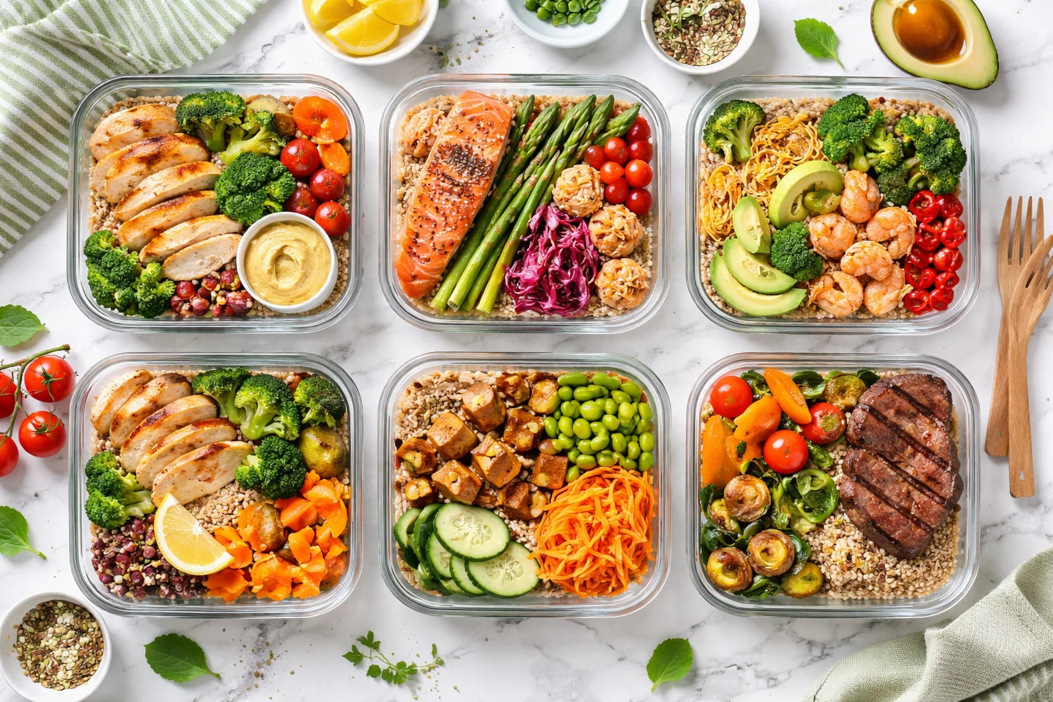 healthy meal prep containers with colorful vegetables and grains arranged on modern kitchen counter, bright natural light, top view