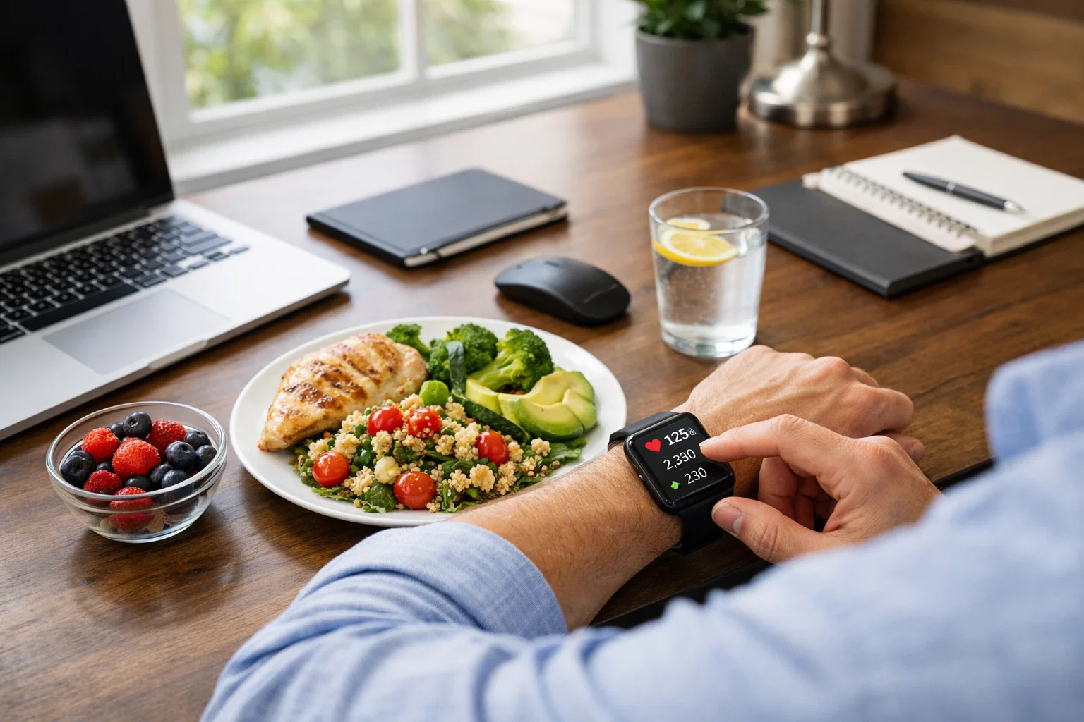person checking smartwatch fitness tracker while sitting at modern desk with healthy lunch, natural window light, professional workspace